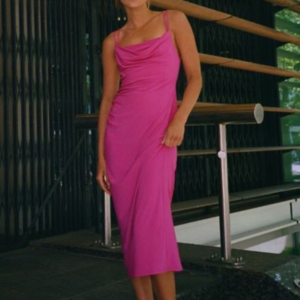 Zara Hot Pink Cowl Neck Midi Dress